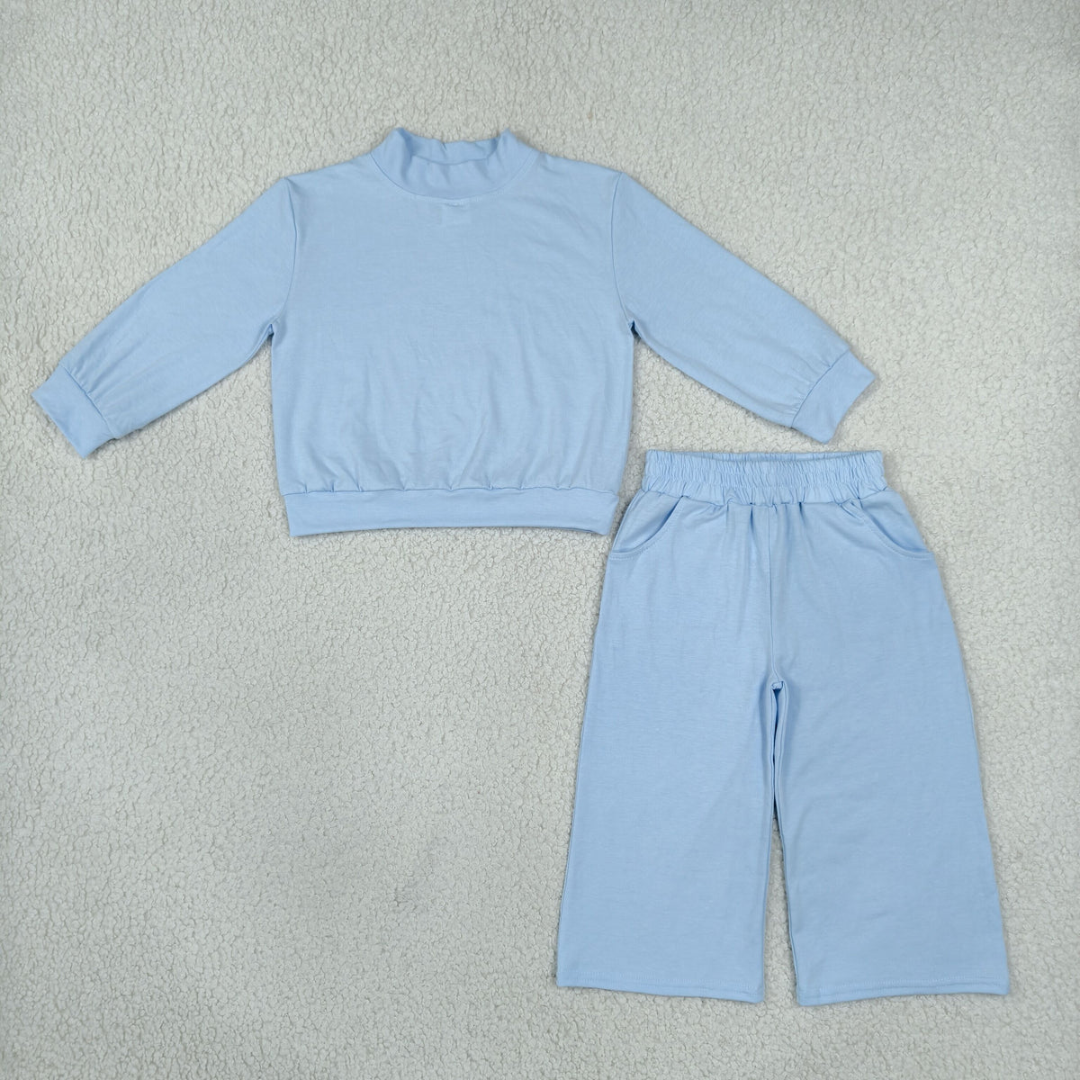 RTS NO MOQ （In stock）cotton GLP3472 High Neck Baby Girls Light Blue Pocket Long Sleeve Top Flare Pants Sleepwear Set