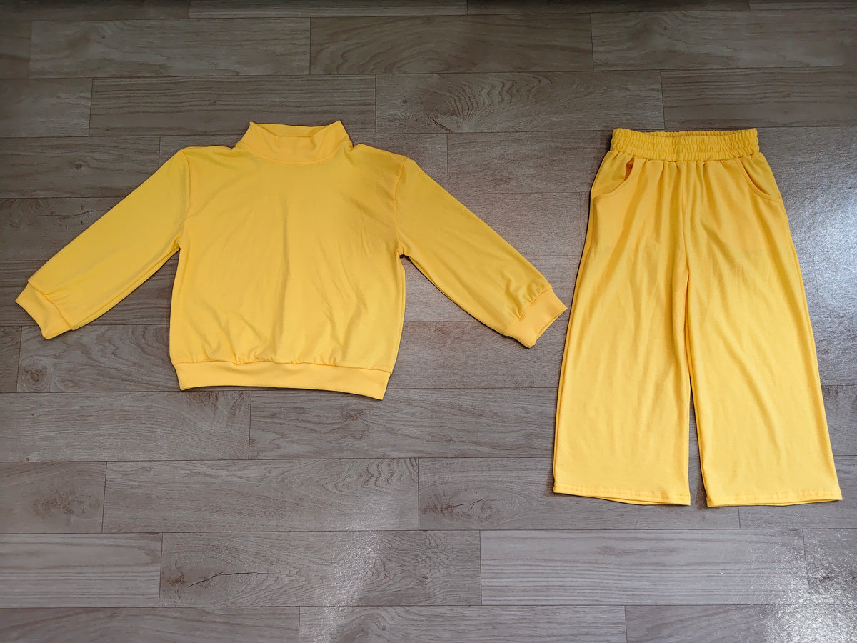 Sample No Moq moq cotton moq cotton GLP3473 Baby Girls Yellow Long Sleeve Shirt Top Pockets Flare Pant Clothes Set