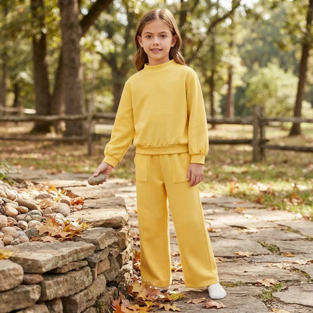 RTS NO MOQ （In stock）cotton GLP3473 Baby Girls Yellow Long Sleeve Shirt Top Pockets Flare Pant Clothes Set