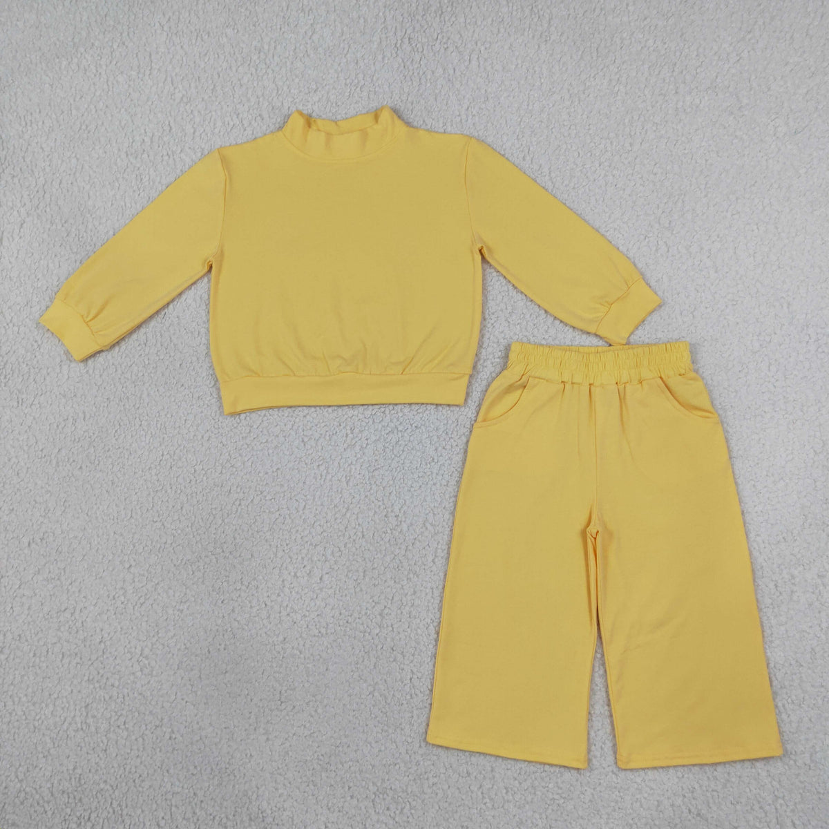 RTS NO MOQ Sibling cotton Baby Girls High Neck Solid Ruffle Mock Neck Long Sleeve Top And Wide Leg Pant Outfit Set
