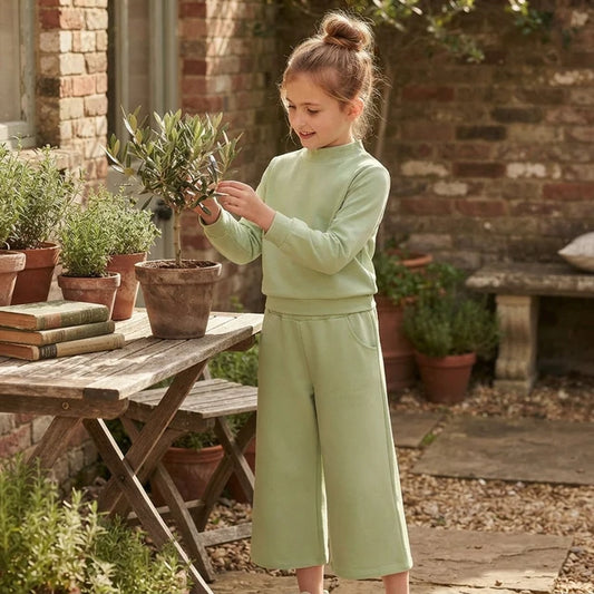 RTS NO MOQ （In stock）cotton GLP3474 High Neck Baby Girls Light Green Pocket Long Sleeve Top Flare Pants Sleepwear Set
