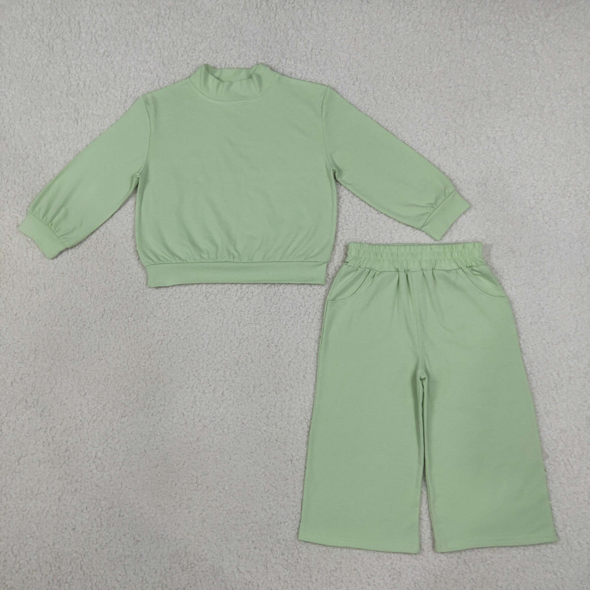 RTS NO MOQ （In stock）cotton GLP3474 High Neck Baby Girls Light Green Pocket Long Sleeve Top Flare Pants Sleepwear Set