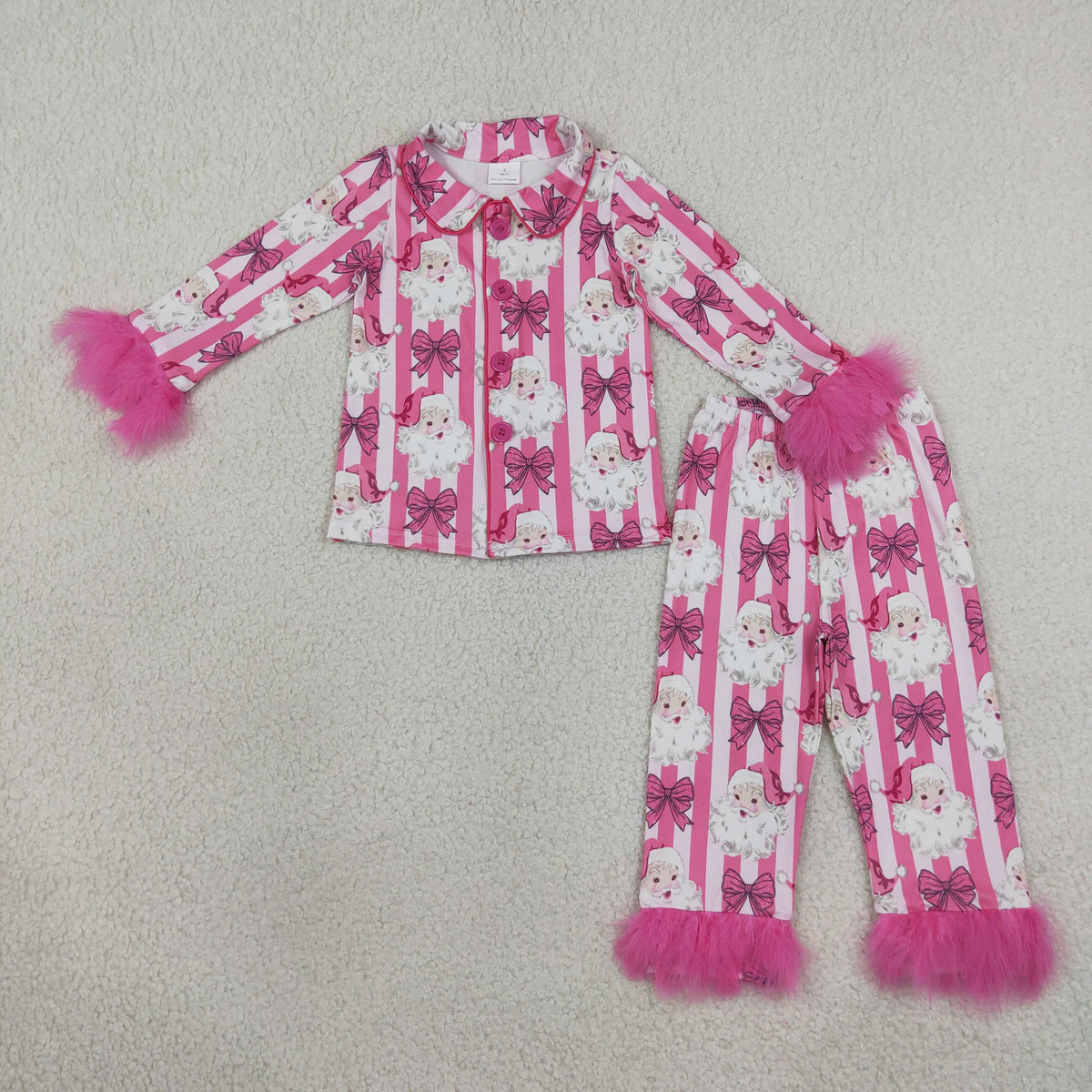 RTS NO MOQ （In stock）milk silk GLP3478 Baby Girls Pink Stripe Bows Santa Button Top Pant Christmas Fur Sleeves Pajamas Set