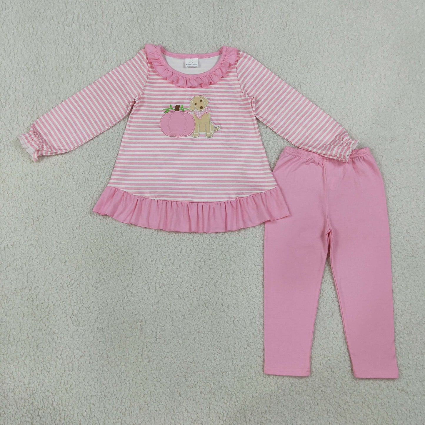 GLP3480 RTS NO MOQ （In stock）milk silk Embroidery Baby Girls Pink Stripe Pumpkin Dog Print Long Sleeve Tunic Legging Fall Outfit Set