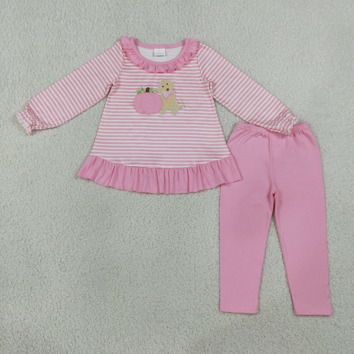 RTS NO MOQ Sibling milk silk Embroidery Pumpkin Dogs Baby Boys Girls Stripe Top Pants Fall Clothes Sets Rompers