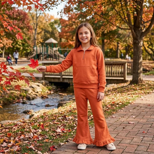 RTS NO MOQ （In stock）fleece GLP3490（GT1765+P1073）Baby Girls Orange Zip Pockets Top Ruffle Flare Pant Sweater Clothes Set Cute Casual Outfit