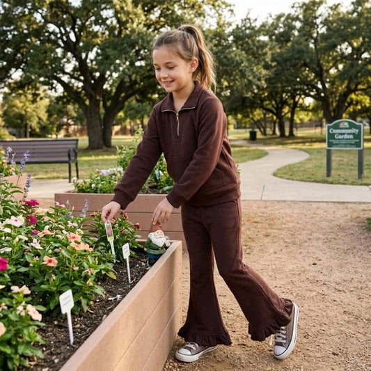 RTS NO MOQ （In stock）fleece GLP3491（GT1766+P1074）Baby Girls Brown Zip Pockets Top Ruffle Flare Pant Sweater Clothes Set Cute Casual Outfit