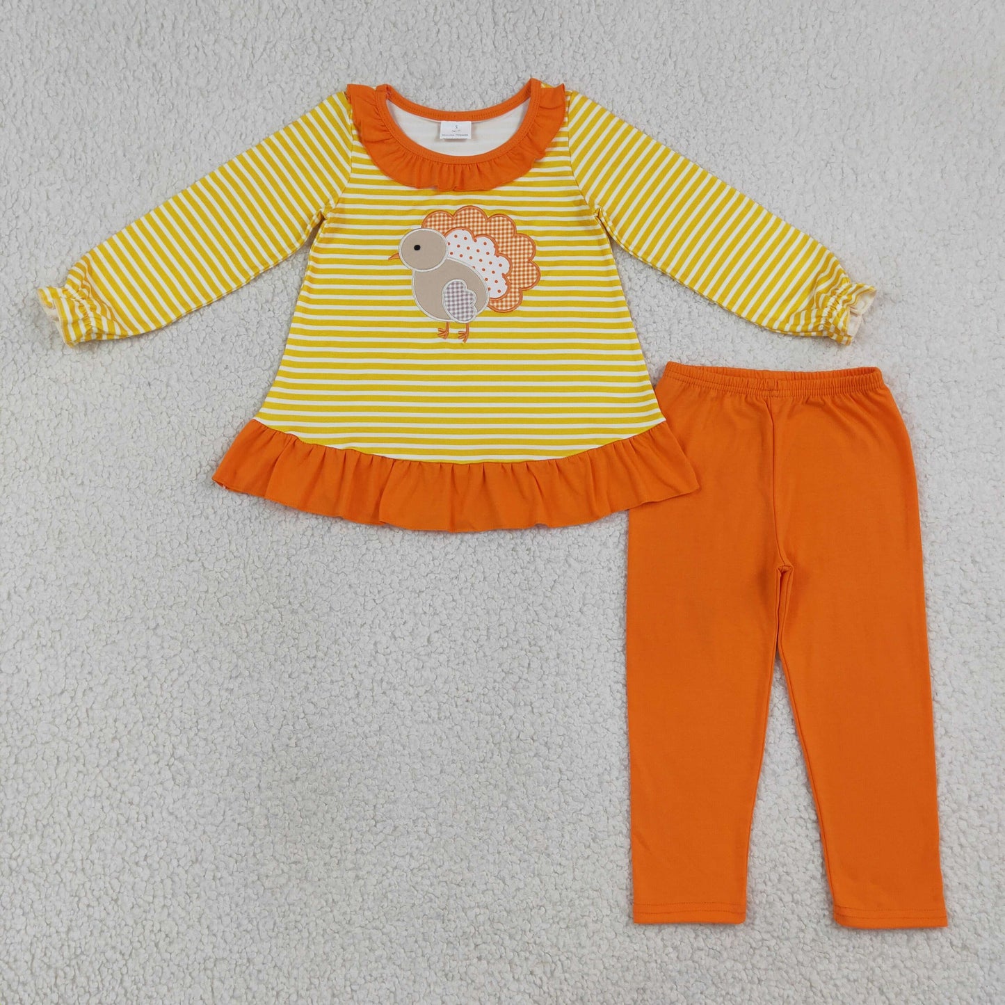 RTS NO MOQ （In stock）milk silk GLP3493 Embroidery Turkey Baby Girls Orange Stripe Tunic Leggings Thanksgivings Clothes Sets