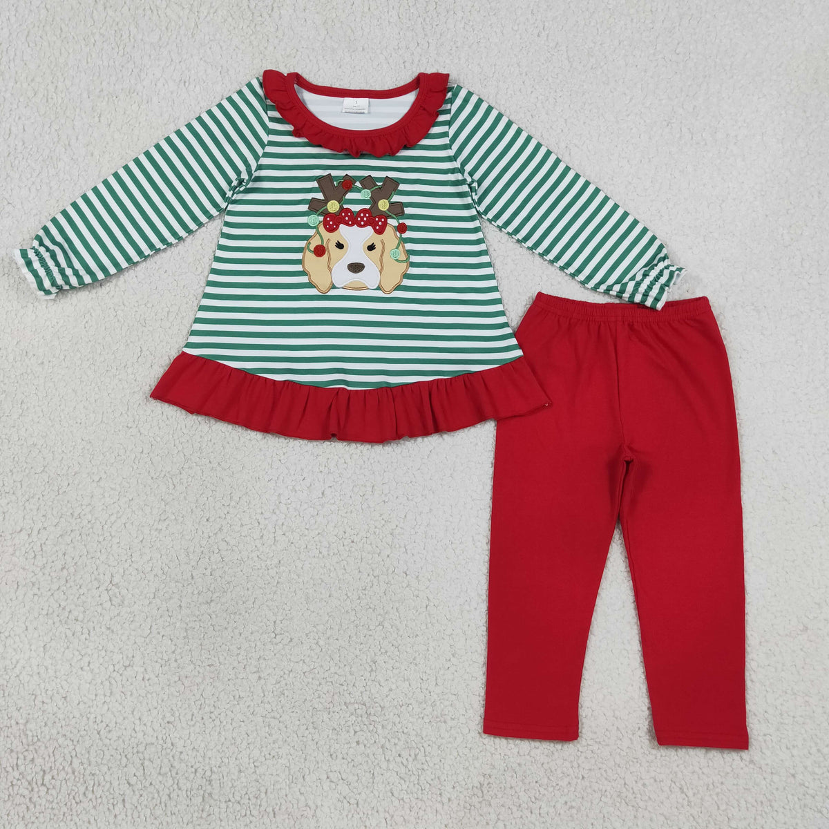 RTS NO MOQ （In stock）milk silk GLP3494 Embroidery Lights Dog Baby Girls Green Stripe Tunic Leggings Christmas Clothes Sets