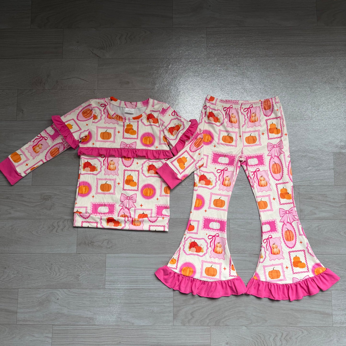 GLP3504 Sample No Moq Hot pink ruffle pumpkin bow top pants girls fall outfits