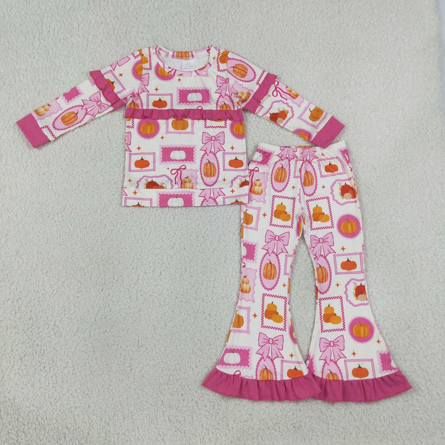 RTS NO MOQ milk silk GLP3504 Baby Girls Pumpkin Plaid Print Bow Long Sleeve Top Pants Set