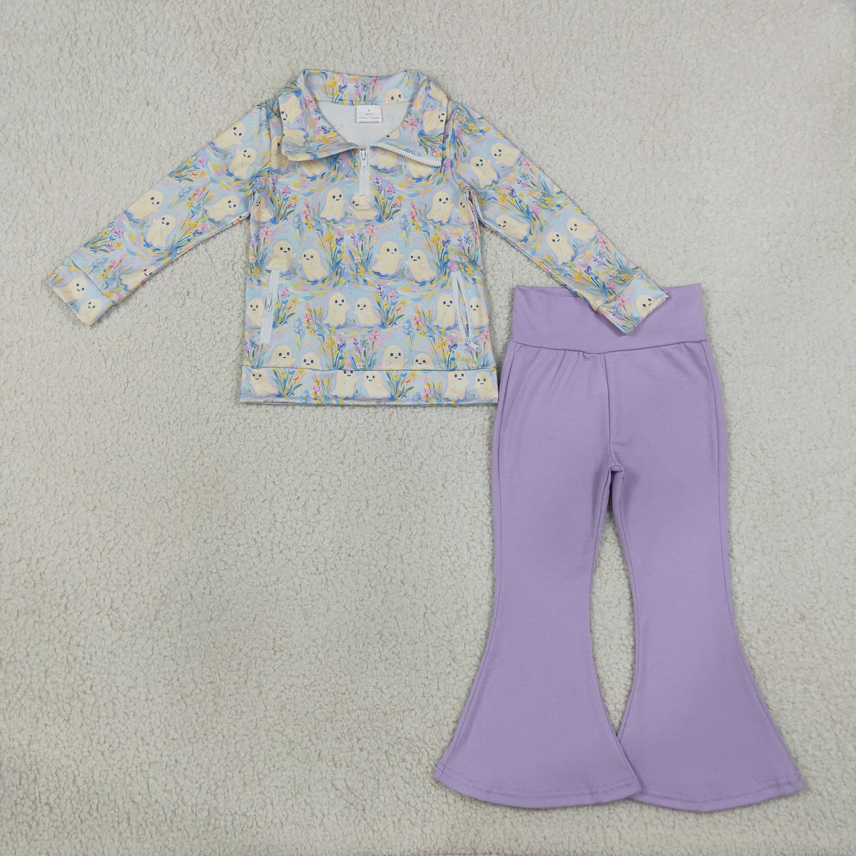 RTS NO MOQ （In stock）milk silk GLP3506 Baby Girls Ghosts Zip Pockets Pullovers Flare Pant Halloween Clothes Set