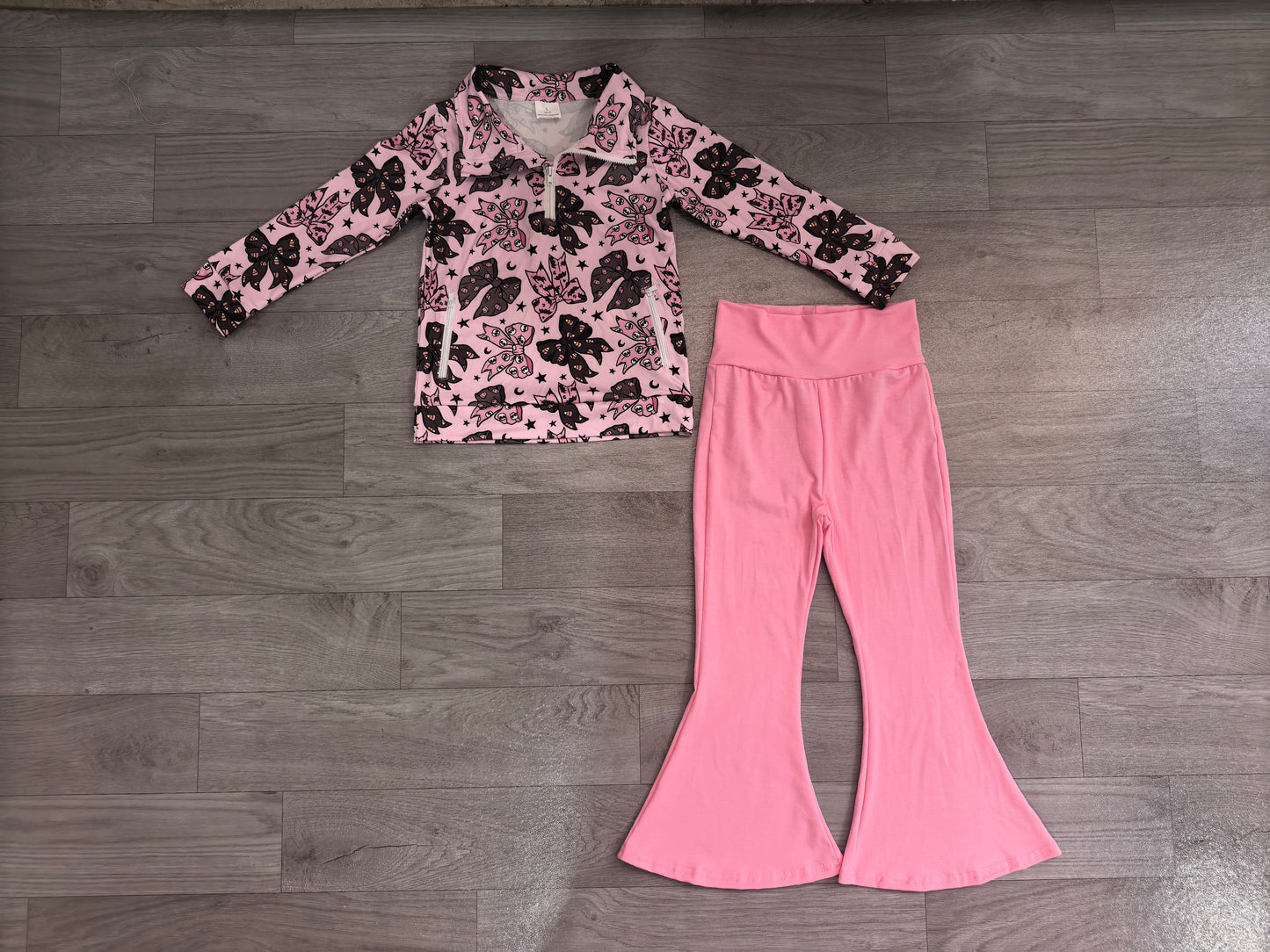 GLP3507 Sample No Moq Baby Girls Bats Bows Zip Pockets Pullovers Flare Pant Halloween Clothes Set