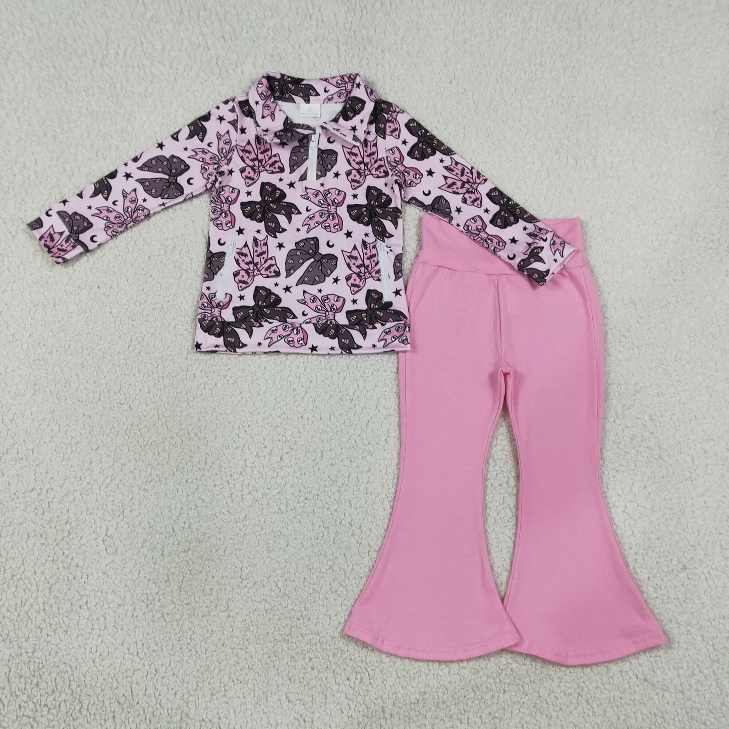 RTS NO MOQ Sibling Baby Girls Bows Ghosts Santa Zip Pullovers Bell Bottom Halloween Christmas Sets