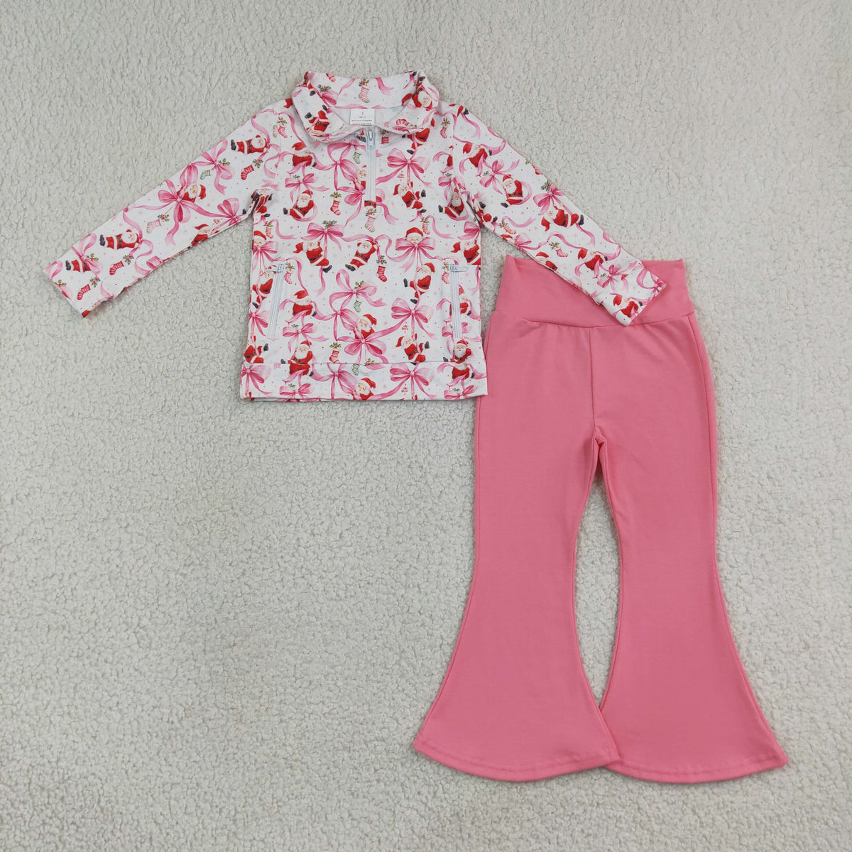 RTS NO MOQ Sibling Baby Girls Bows Ghosts Santa Zip Pullovers Bell Bottom Halloween Christmas Sets