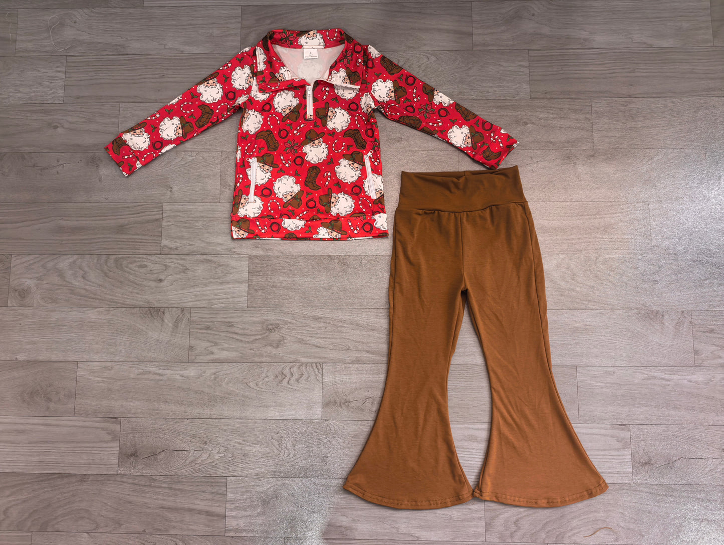 GLP3509 Sample No Moq Baby Girls Holly Santa Zip Pockets Pullovers Flare Pant Christmas Clothes Set