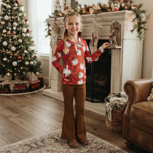 RTS NO MOQ（In stock） milk silk GLP3509 Baby Girls Holly Santa Zip Pockets Pullovers Flare Pant Christmas Set