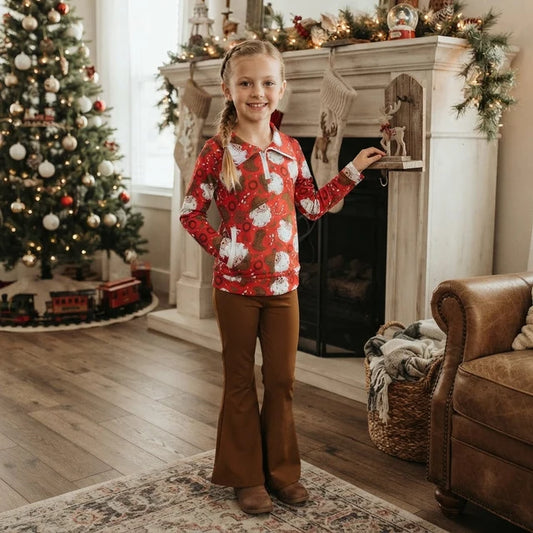 RTS NO MOQ（In stock） milk silk GLP3509 Baby Girls Holly Santa Zip Pockets Pullovers Flare Pant Christmas Set