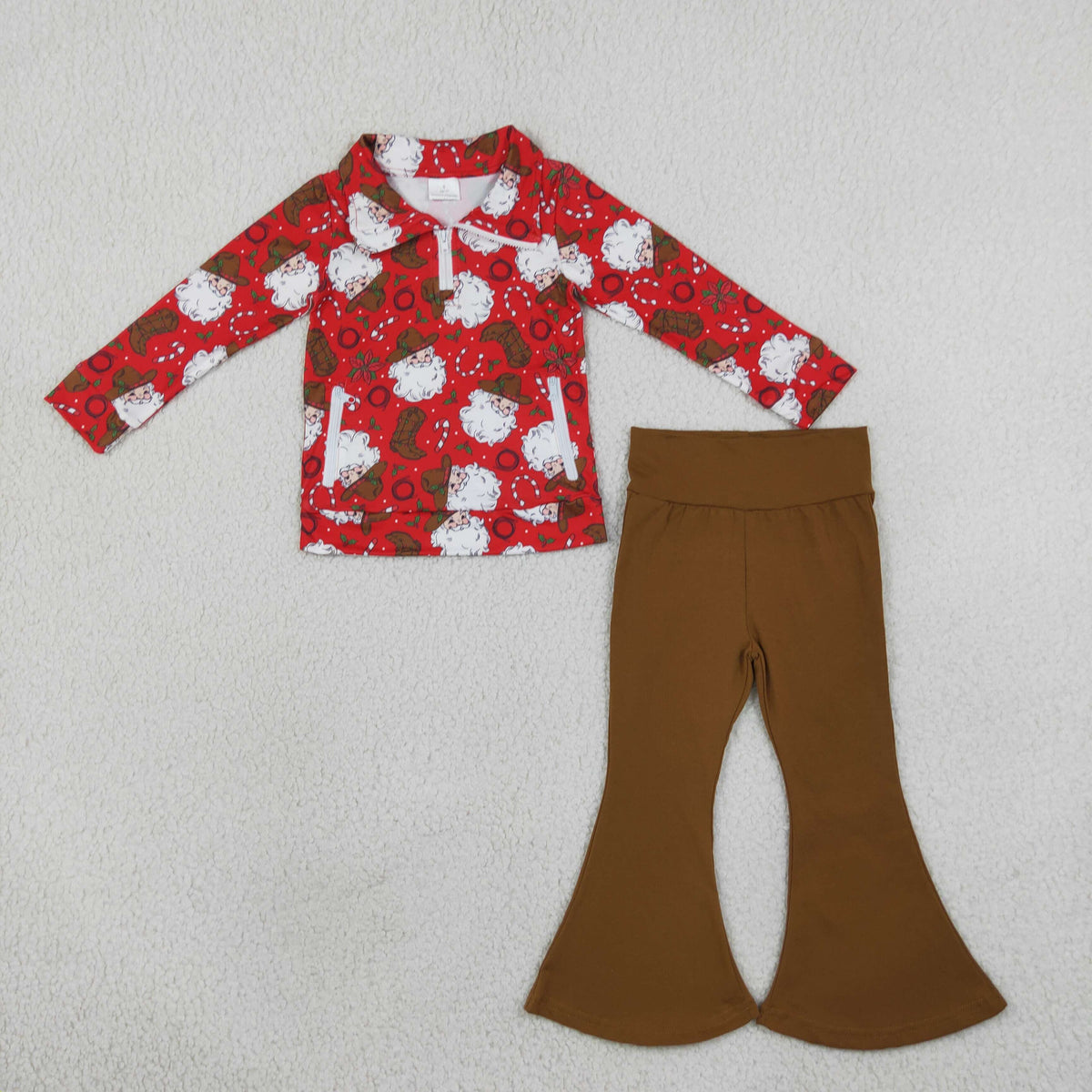 RTS NO MOQ（In stock） milk silk GLP3509 Baby Girls Holly Santa Zip Pockets Pullovers Flare Pant Christmas Set