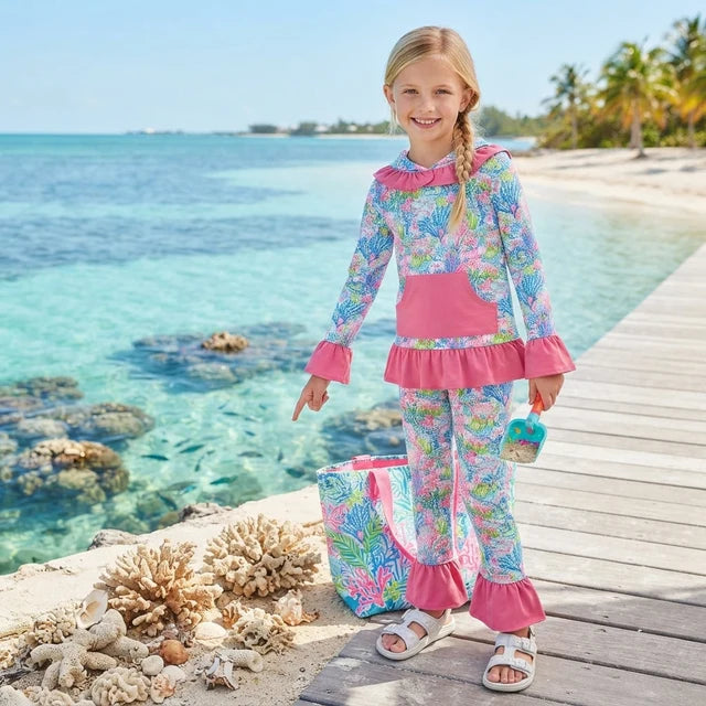RTS NO MOQ （In stock） milk silk GLP3518 Baby Girls Sea Plants Pocket Ruffle Hoodie Pants Sets
