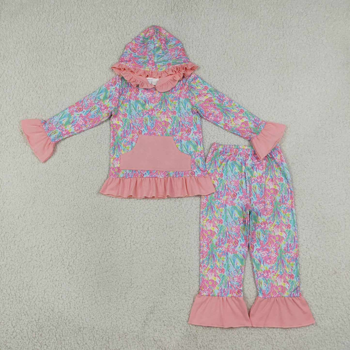 RTS NO MOQ milk silk GLP3519 Baby Girls Sea Plants Pocket Ruffle Hoodie Top Pants Sets