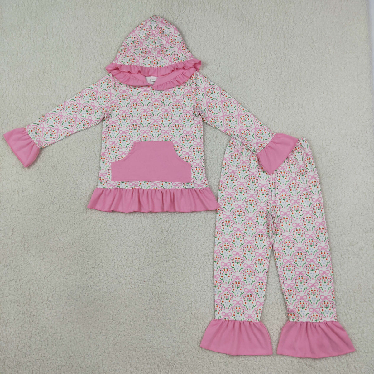 RTS NO MOQ milk silk GLP3520 Baby Girls Pink Small Flowers Bows Pocket Ruffle Hoodie Pants Clothes Sets