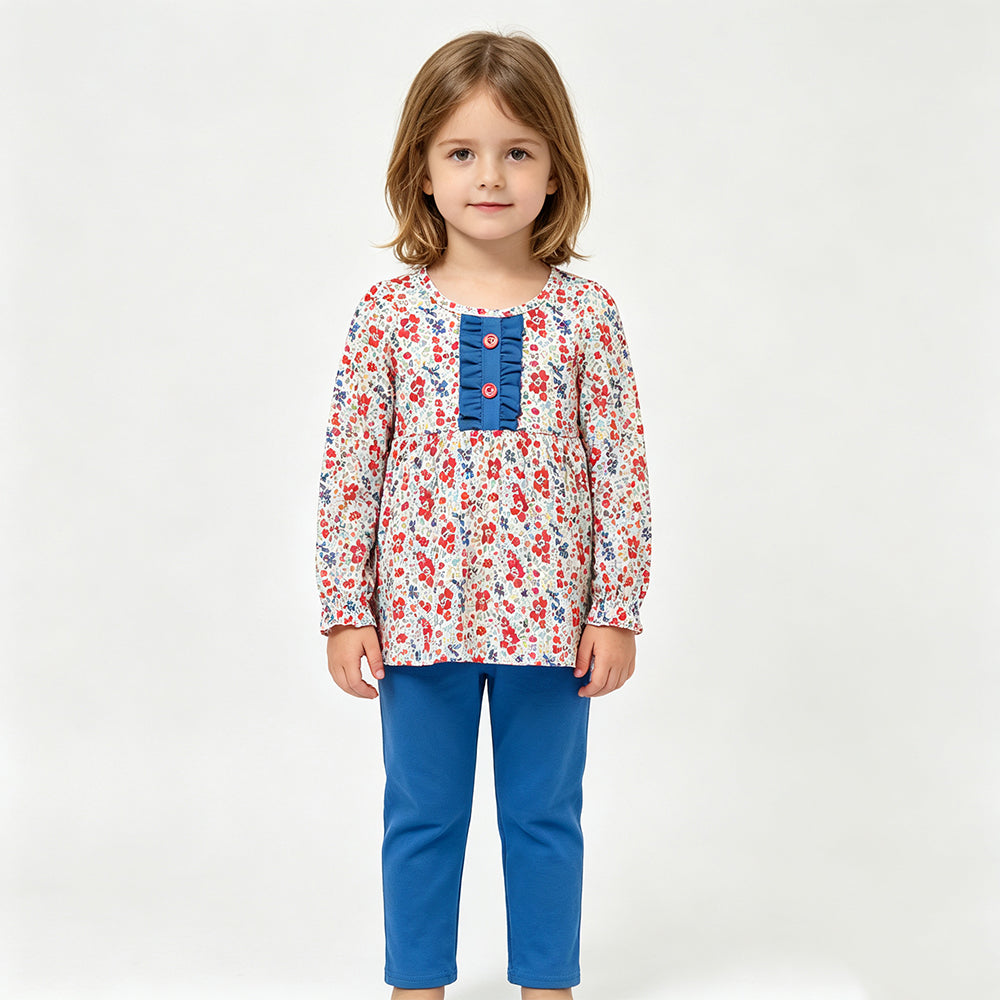 GLP3522 Sample No Moq Baby Girls Red Blue Flowers Button Tunic Leggings Clothes Sets