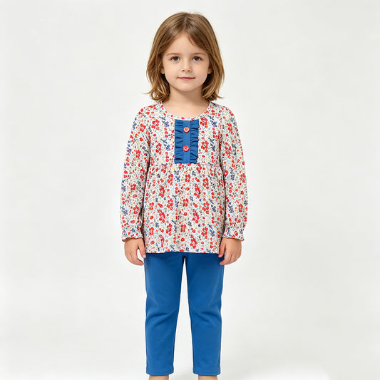 GLP3522 Sample No Moq Baby Girls Red Blue Flowers Button Tunic Leggings Clothes Sets