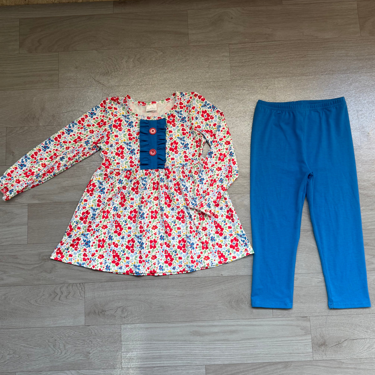 GLP3522 Sample No Moq Baby Girls Red Blue Flowers Button Tunic Leggings Clothes Sets