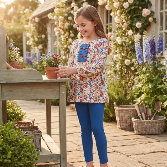 RTS NO MOQ （In stock）GLP3522 Baby Girls Red Blue Flowers Button Tunic Leggings Clothes Sets