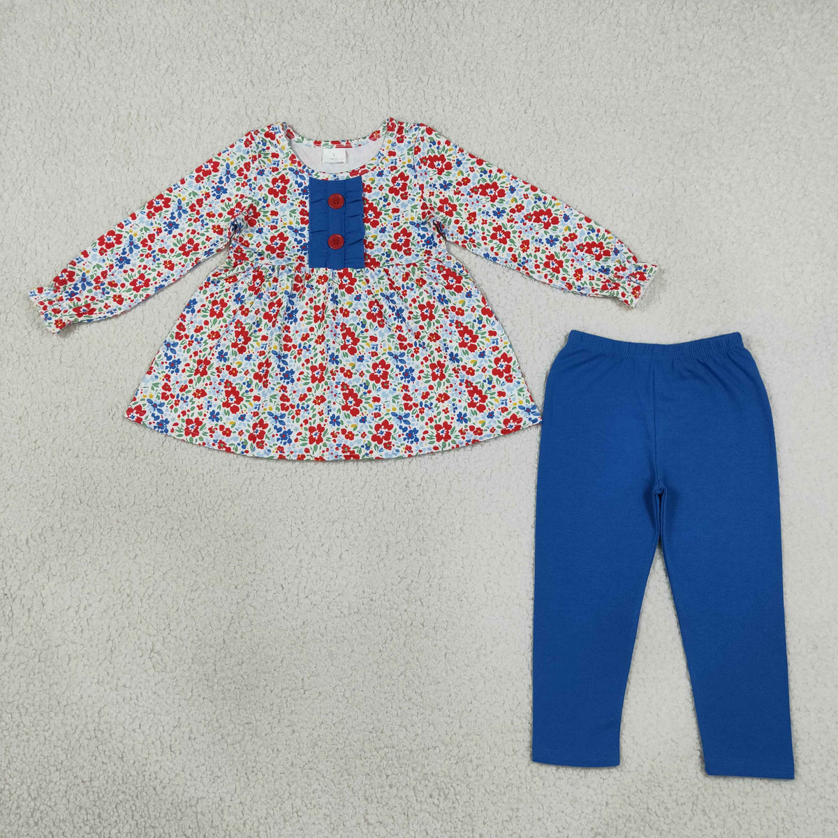 RTS NO MOQ （In stock）GLP3522 Baby Girls Red Blue Flowers Button Tunic Leggings Clothes Sets