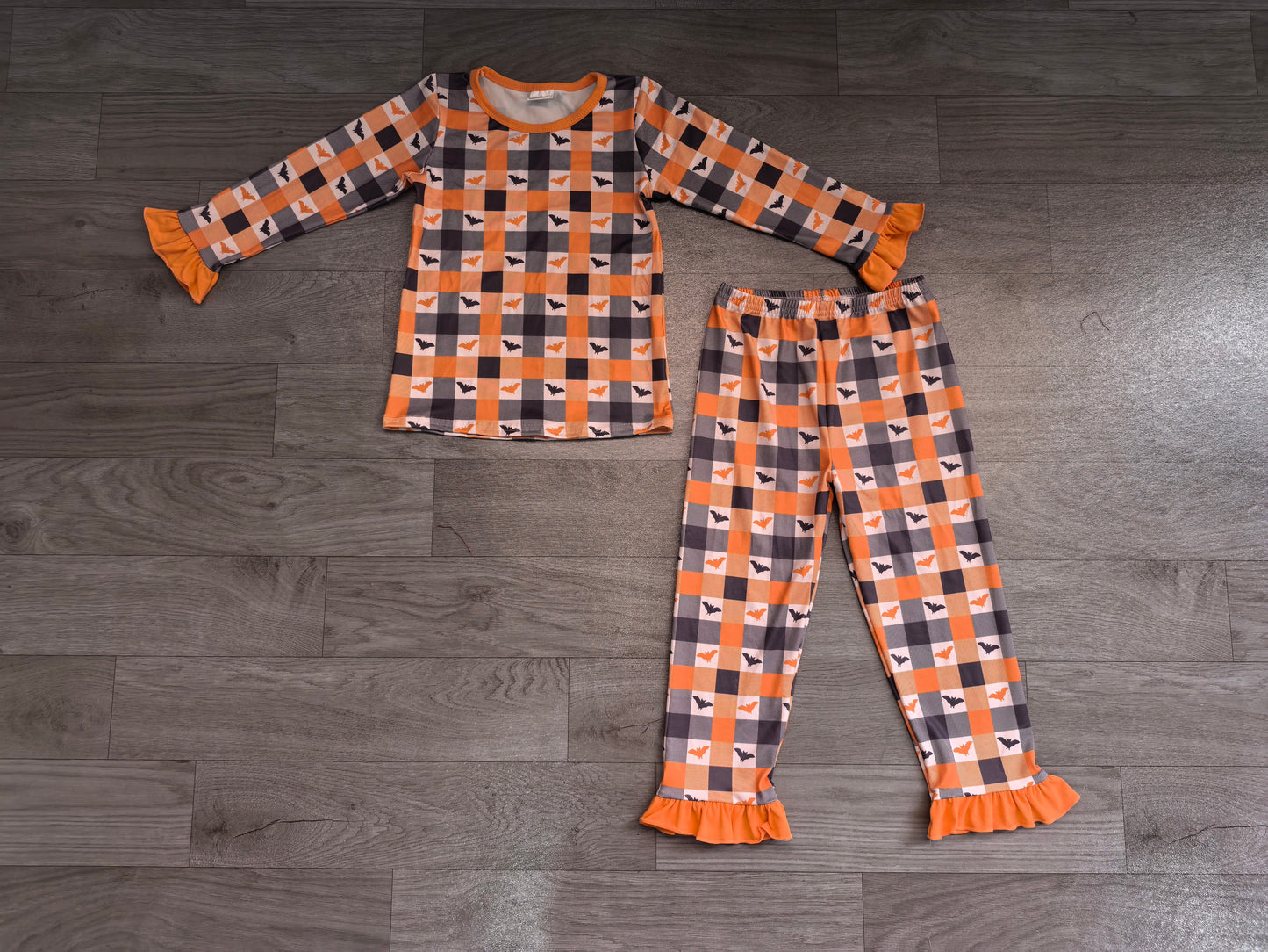GLP3533 Sample No Moq Baby Girls Bats Checked Top Ruffle Pant Halloweens Pajamas Sets