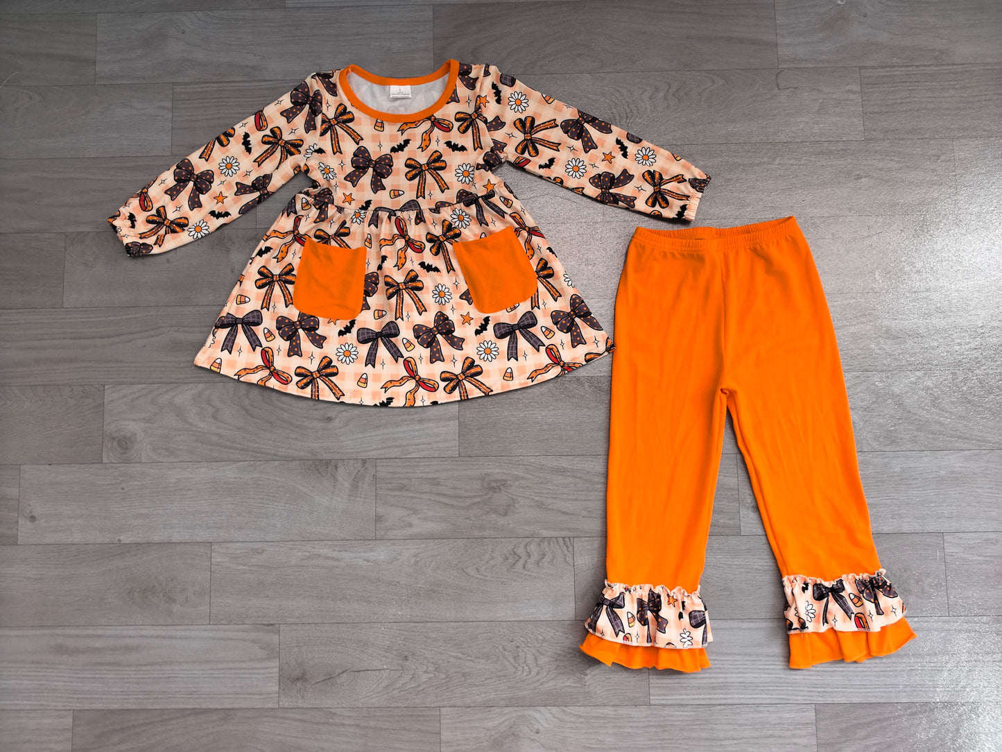 GLP3534 Sample No Moq Baby Girls Bats Flowers Pockets Tunic Ruffle Pant Halloweens Clothes Sets