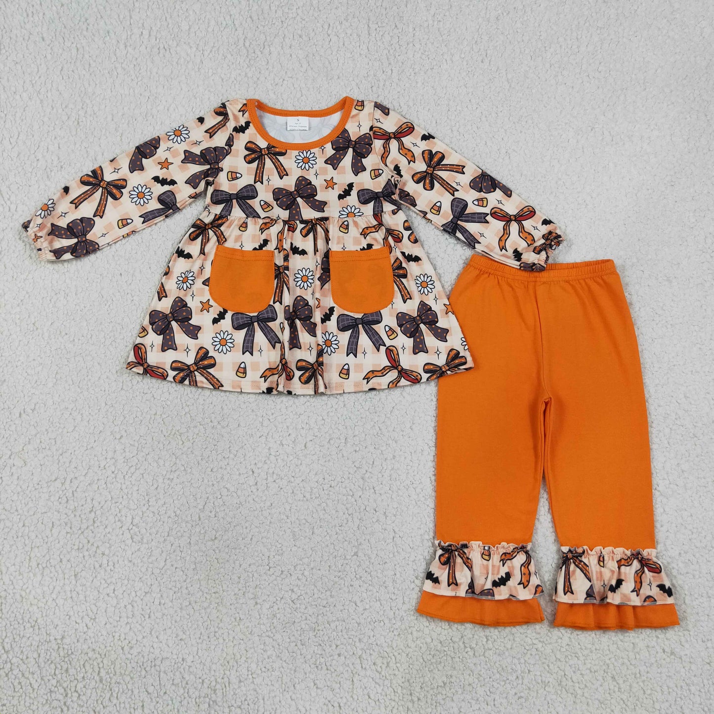 RTS NO MOQ （In stock）milk silk GLP3534 Baby Girls Halloween Bat Floral Print Pocket Tunic Top Ruffle Hem Pants Clothes Set