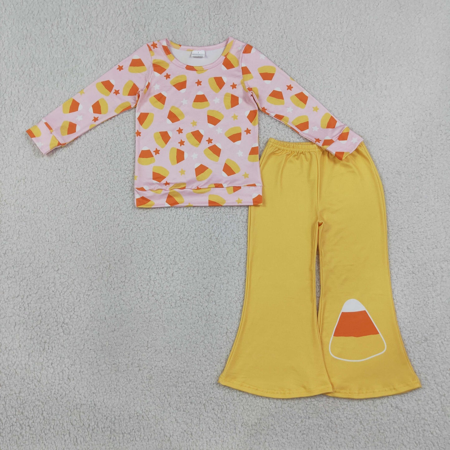 GLP3535 RTS NO MOQ （In stock）milk silk Baby Girls Pink Print Long Sleeve Top Yellow Flare Pants Halloween Casual Outfit