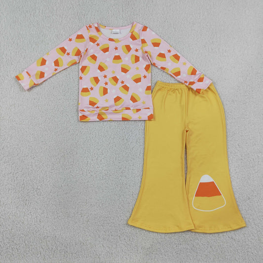 RTS NO MOQ Sibling milk silk Baby Girls Stars Candy Top Flare Pant Halloweens Clothes Sets Fall Holiday Outfit