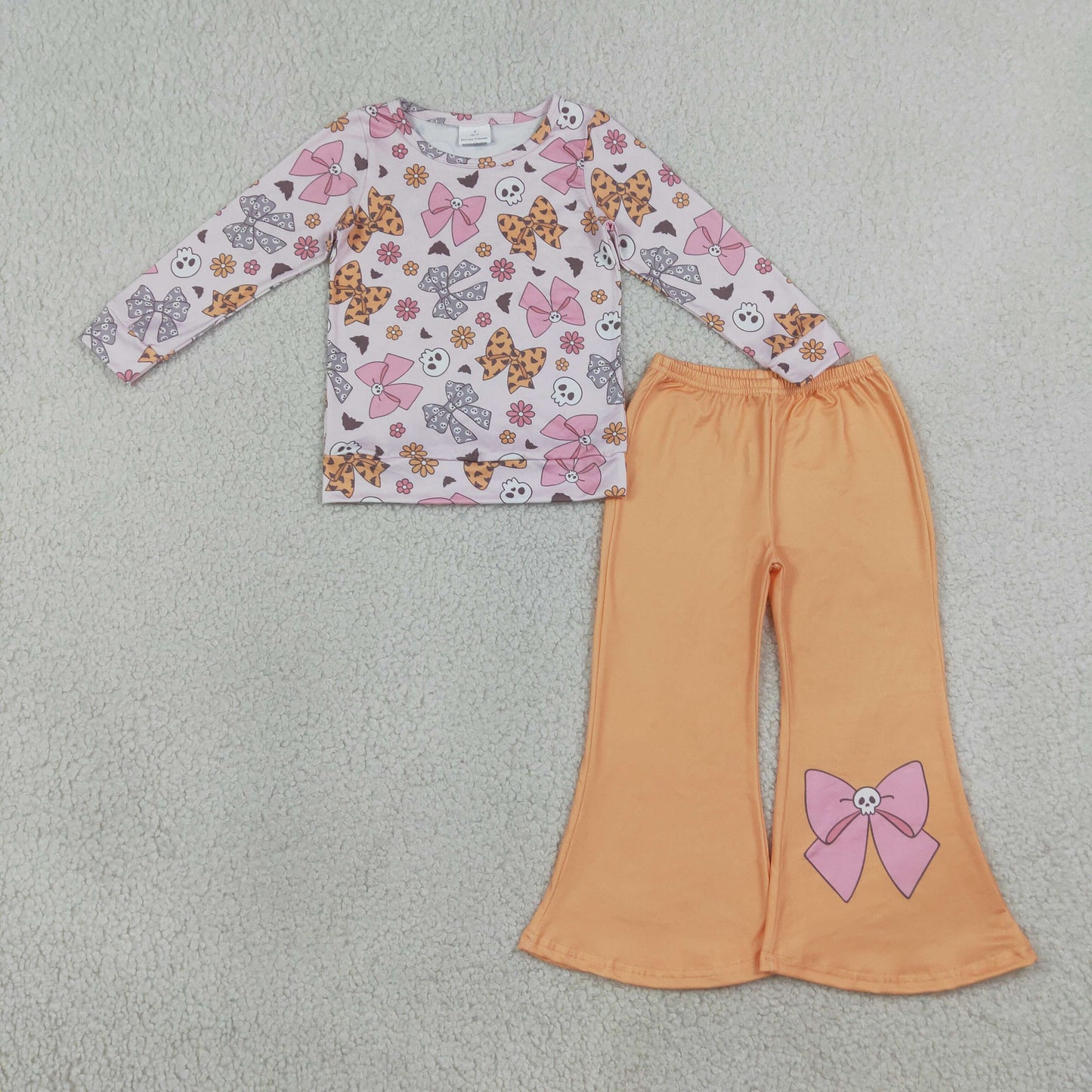 GLP3536 RTS NO MOQ （In stock）milk silk Baby Girls Bat Bows Ghosts Top Flare Pant Halloweens Casual Outfit