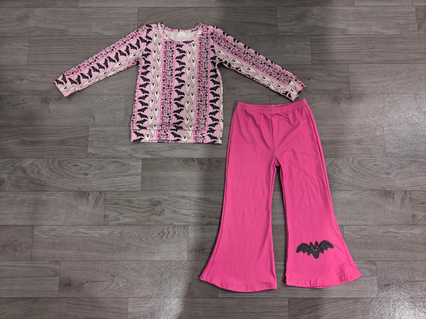 GLP3537 Sample No Moq milk silk Baby Girls Pink Ghost Bat Floral Striped Print Long Sleeve Top Hot Pink Flare Bell Bottom Pants Set