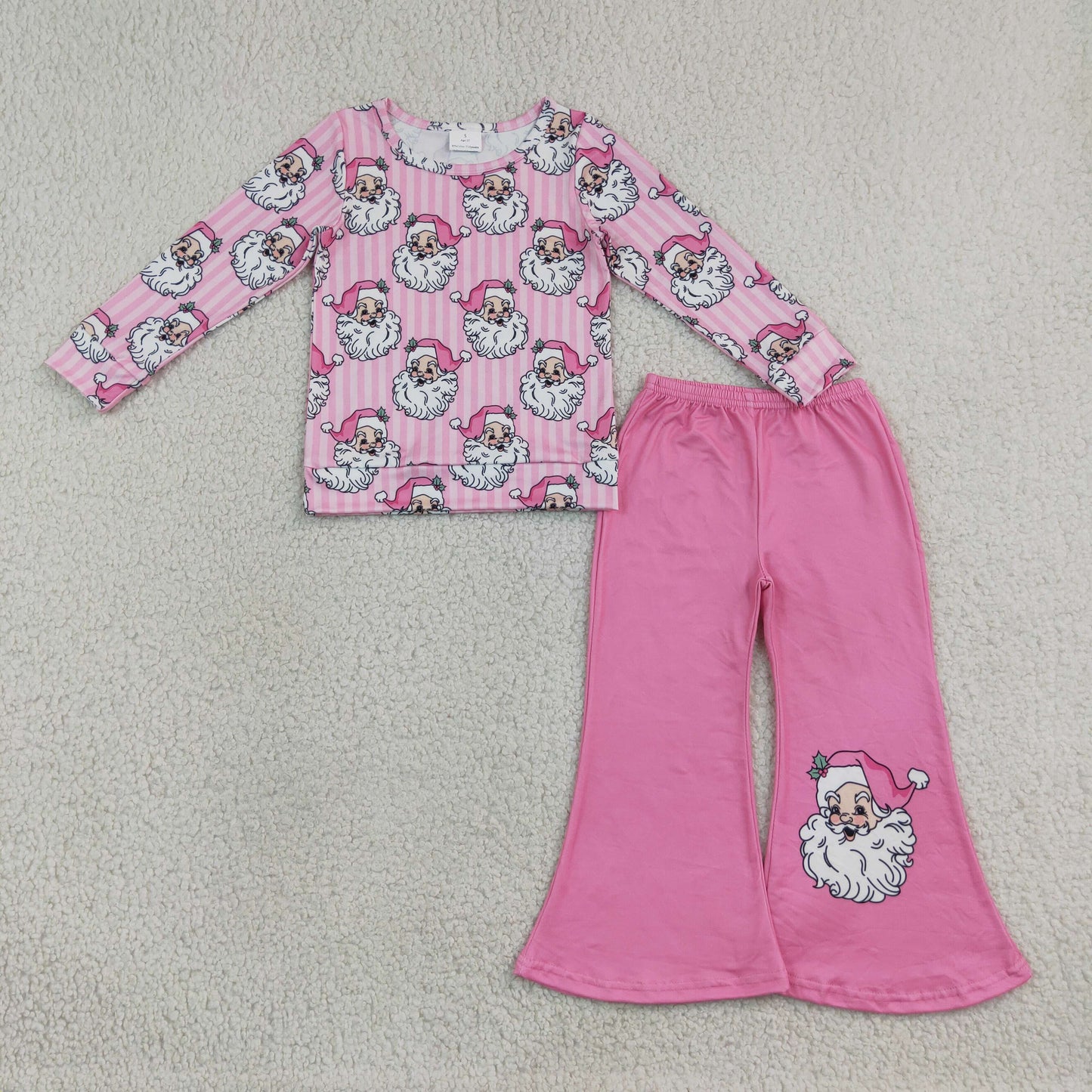 RTS NO MOQ （In stock）GLP3538 milk silk Baby Girls Pink Stripe Santa Top Flare Pant Christmas Clothes Sets