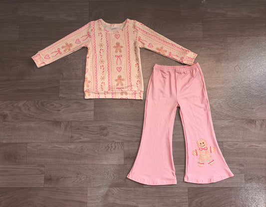 GLP3540 Sample No Moq Baby Girls Bows Gingerbread Stripe Top Flare Pant Christmas Clothes Sets