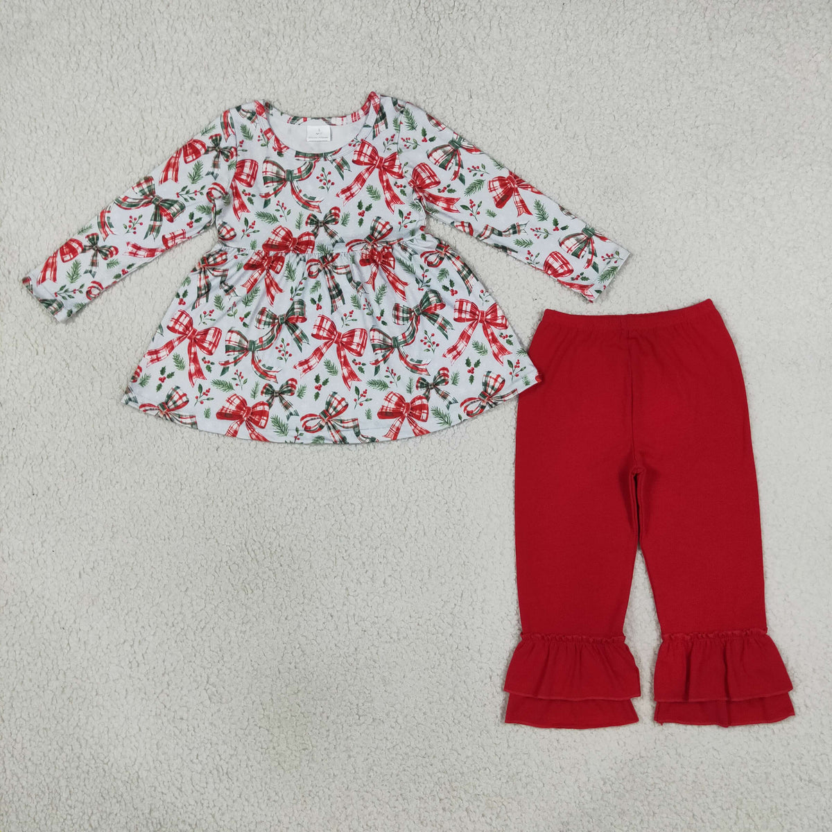 RTS NO MOQ （In stock）GLP3541 milk silk Baby Girls Checked Bows Holly Top Ruffle Pant Christmas Clothes Sets