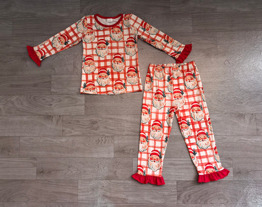 GLP3542 Sample No Moq Baby Girls Red Checked Santa Top Ruffle Pants Christmas Pajamas Sets