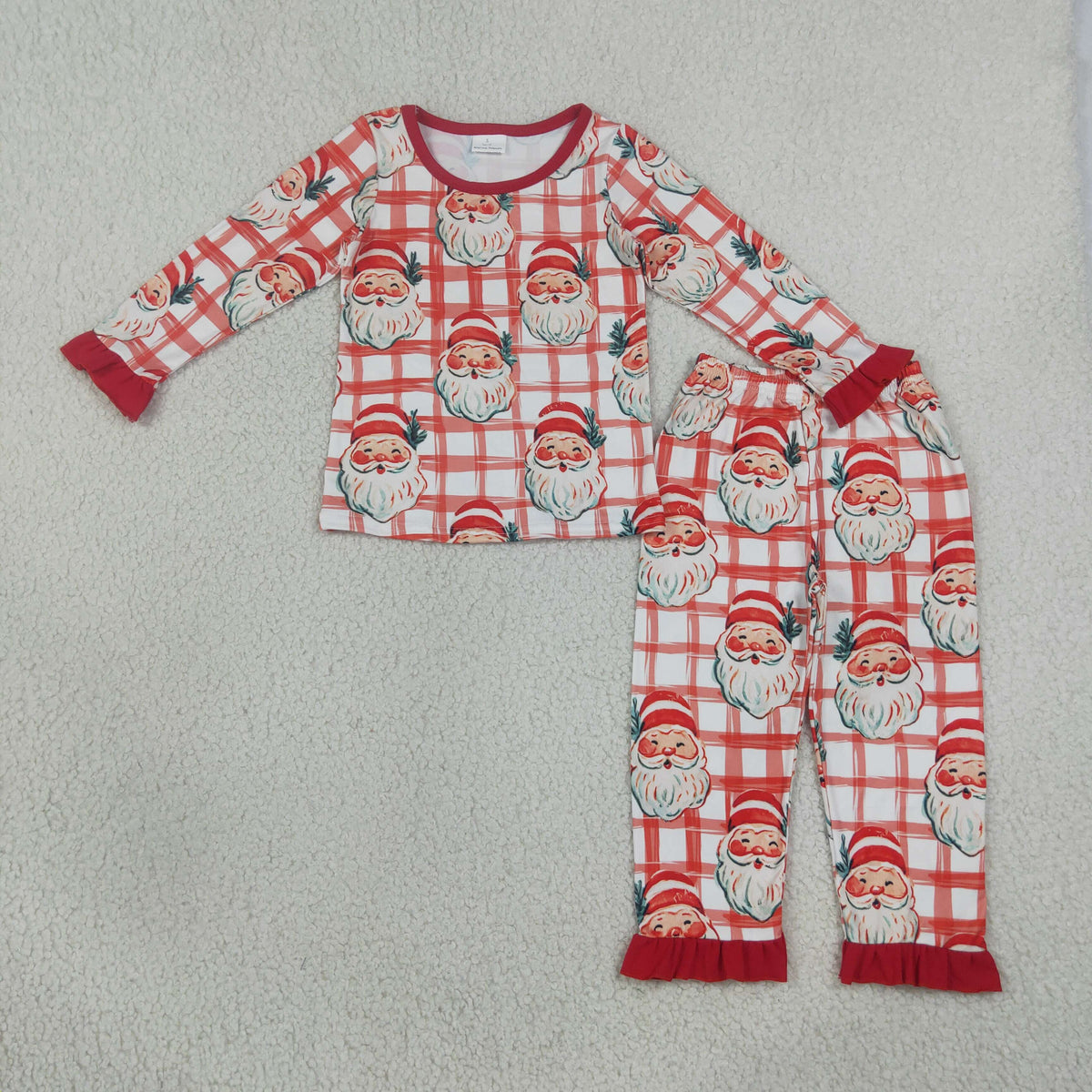 RTS NO MOQ （In stock）milk silk GLP3542 Baby Girls Red Checked Santa Top Ruffle Pants Christmas Pajamas Set