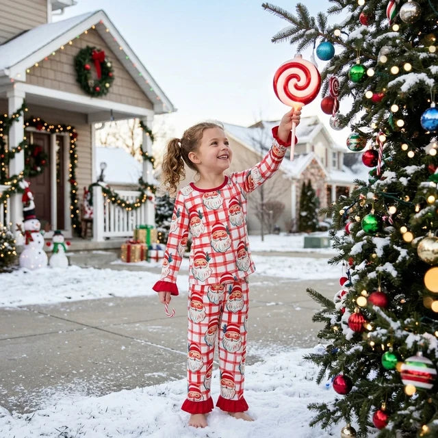 RTS NO MOQ （In stock）milk silk GLP3542 Baby Girls Red Checked Santa Top Ruffle Pants Christmas Pajamas Set