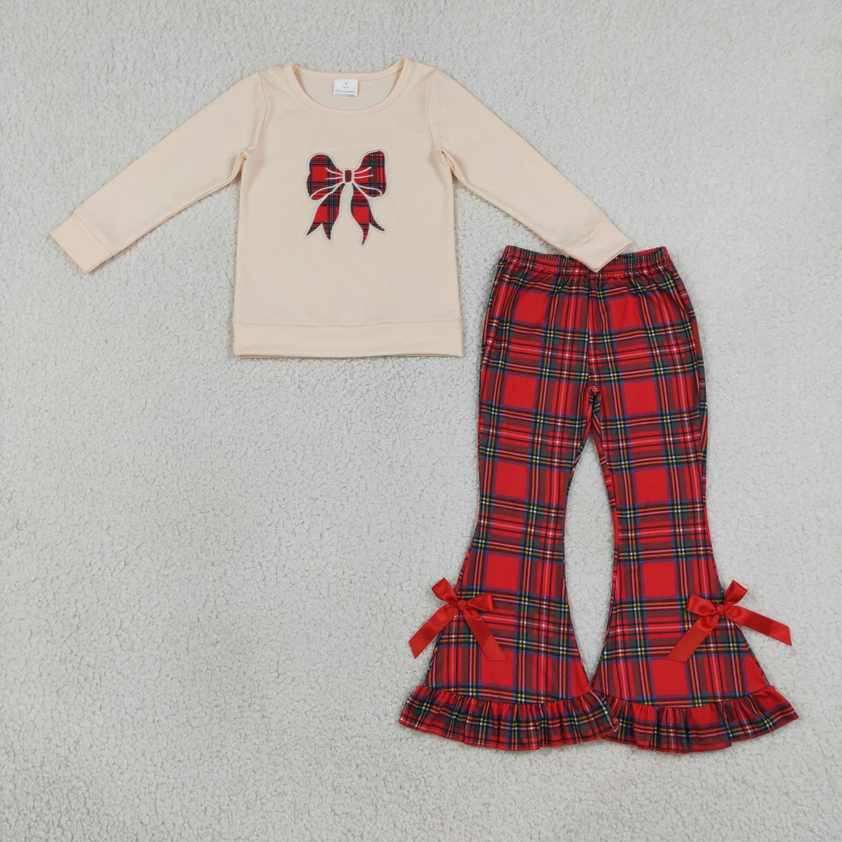 RTS NO MOQ milk silk GLP3547 Embroidery Checked Bow Baby Girls Ruffle Bell Bottom Pant Christmas Clothes Sets