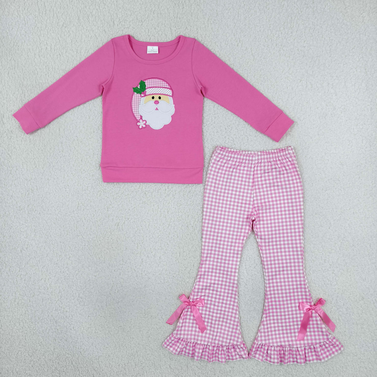 RTS NO MOQ （In stock）milk silk GLP3561 Embroidery Baby Girls Holly Santa Top Checked Flare Pant Christmas Clothes Sets