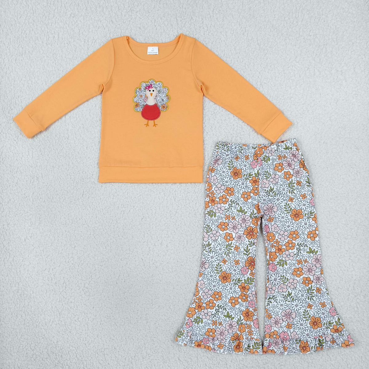 RTS NO MOQ （In stock）milk silk GLP3563 Embroidery Flowers Turkey Baby Girls Top Bell Bottom Pant Fall Holiday Outfit