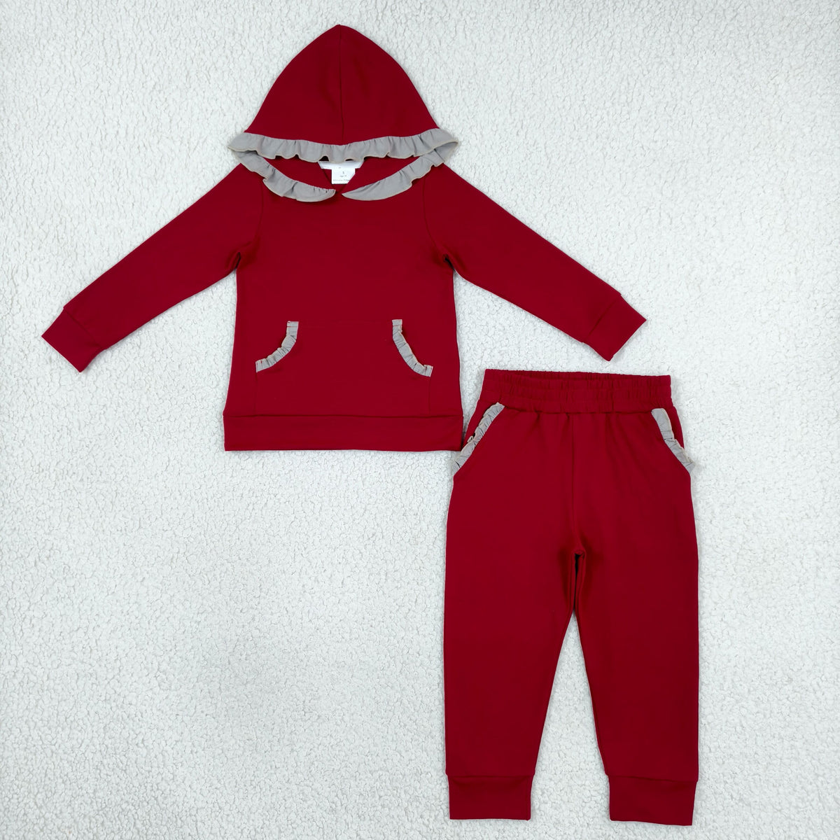 RTS NO MOQ （In stock）cotton GLP3565 Baby Girls Red Grey Long Sleeve Ruffle Hoodie Pockets Jogger Sets