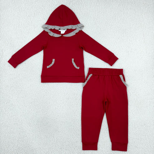 RTS NO MOQ Sibling cotton Baby Girls Solid Color Christmas Ruffle Trim Hoodie Pocket Jogger Pants Outfit Set