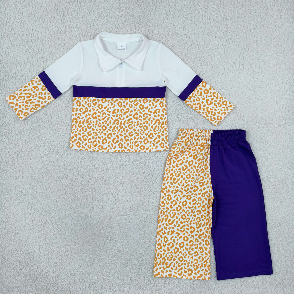 RTS NO MOQ （In stock）milk silk GLP3580 Baby Girls Color Block Purple Yellow Leopard Half Zip Collar Sweatshirt Wide Leg Pants Casual Outfit Set